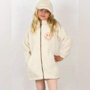 Cream Sherpa Hoodie with Pink Smiley Face